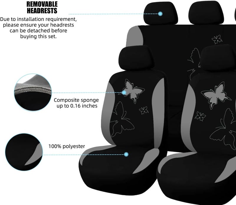 Sandfren Car Seat Covers, 9PCS Butterfly Print High Back Vehicle Front Seat & Rear Bench Protector, Breathable Automotive Interior Chair Accessories, Universal for SUV Sedan Truck (Gray) - Image 3